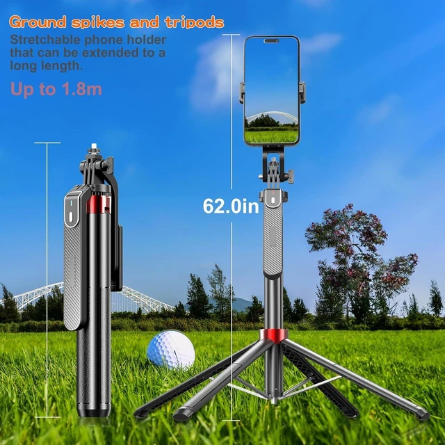 Alt view image 10 of 14 - Monopod and Tripod Selfie Stick to Record Golf Swing - Etendable Cell Phone Tripod Stand with Wireless Remote and Phone Holder, Golf Training Aid - Compatible with All iPhone Android Phone