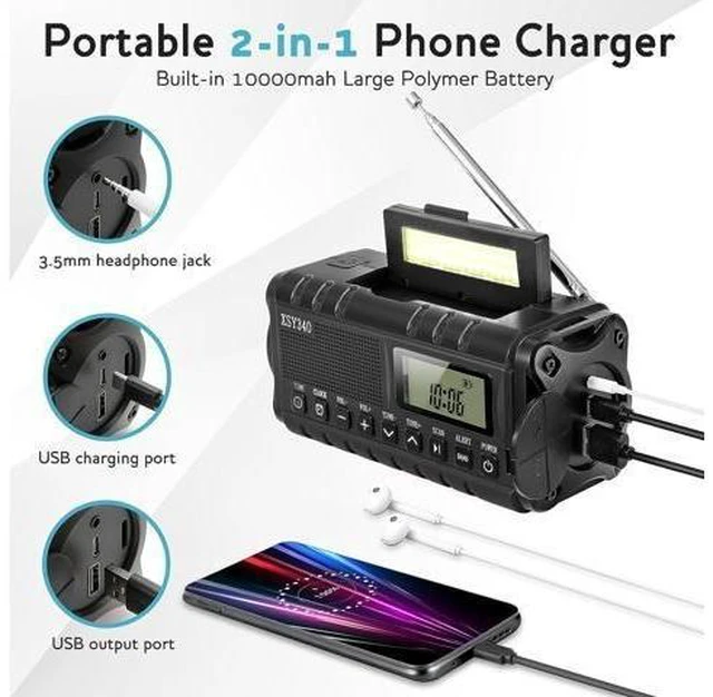 Alt view image 9 of 14 - 10000mAh Weather Radio, NOAA Emergency Weather Alert Radio, Solar Radio, Crank Radio, NOAA/AM/FM Radio, Portable Radio, Dynamo Radio, LCD Digital Radio, Alarm Clock,Torch&LED Reading Light,SOS Alarm