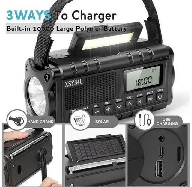 Alt view image 11 of 14 - 10000mAh Weather Radio, NOAA Emergency Weather Alert Radio, Solar Radio, Crank Radio, NOAA/AM/FM Radio, Portable Radio, Dynamo Radio, LCD Digital Radio, Alarm Clock,Torch&LED Reading Light,SOS Alarm