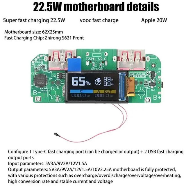 Alt view image 5 of 6 - 1Pcs DIY Power Motherboard With Display Type-c USB 22.5W Bidirectional Fast Charger Buck Converter Mobile Power Module
