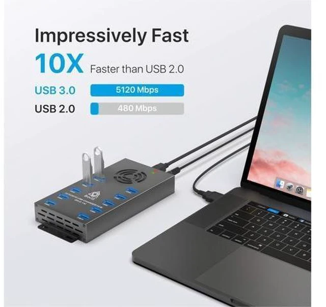 Alt view image 9 of 14 - 10 Port USB 3.0 Hub - USB Hub Charger - Powered USB Hub - USB Charging Splitter - Multiple USB Port Hub - Charging Hub with 5V 10A 120W Power Adapter, Cooling Fan, LEDs, Mounting Brackets