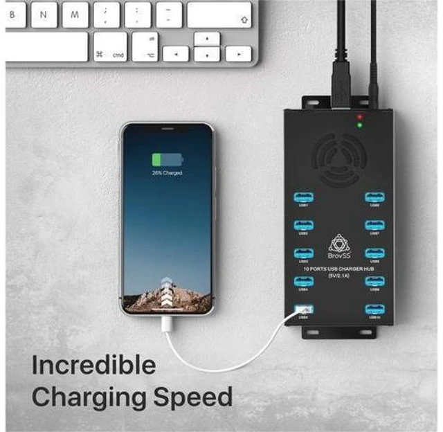 Alt view image 10 of 14 - 10 Port USB 3.0 Hub - USB Hub Charger - Powered USB Hub - USB Charging Splitter - Multiple USB Port Hub - Charging Hub with 5V 10A 120W Power Adapter, Cooling Fan, LEDs, Mounting Brackets