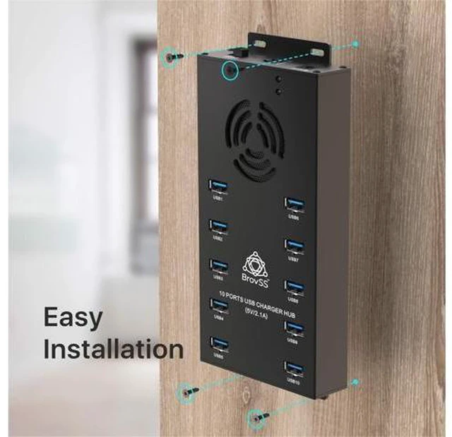 Alt view image 11 of 14 - 10 Port USB 3.0 Hub - USB Hub Charger - Powered USB Hub - USB Charging Splitter - Multiple USB Port Hub - Charging Hub with 5V 10A 120W Power Adapter, Cooling Fan, LEDs, Mounting Brackets