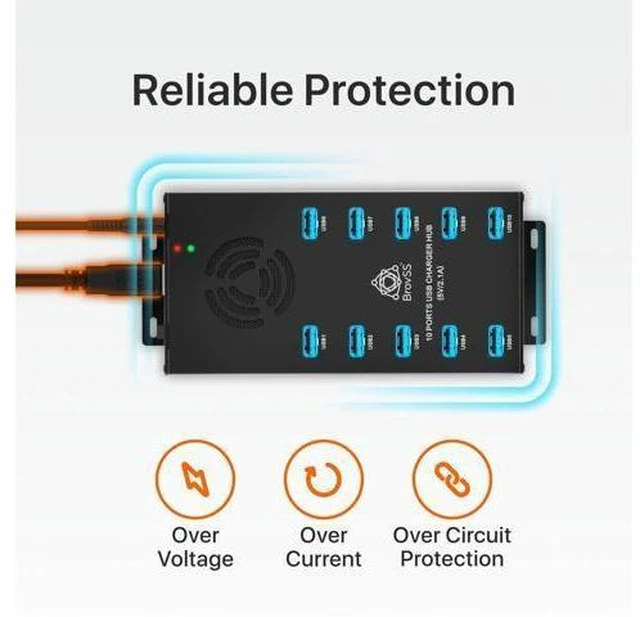Alt view image 12 of 14 - 10 Port USB 3.0 Hub - USB Hub Charger - Powered USB Hub - USB Charging Splitter - Multiple USB Port Hub - Charging Hub with 5V 10A 120W Power Adapter, Cooling Fan, LEDs, Mounting Brackets
