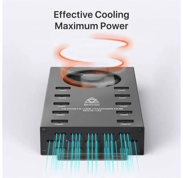 Alt view image 13 of 14 - 10 Port USB 3.0 Hub - USB Hub Charger - Powered USB Hub - USB Charging Splitter - Multiple USB Port Hub - Charging Hub with 5V 10A 120W Power Adapter, Cooling Fan, LEDs, Mounting Brackets