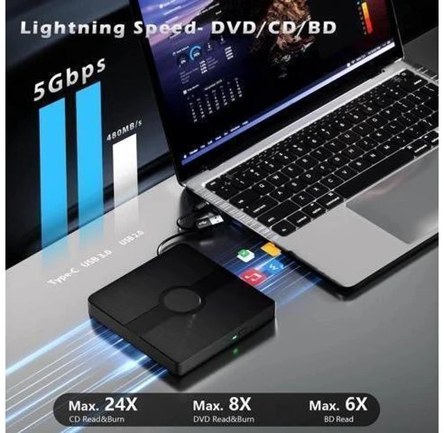 Alt view image 9 of 14 - External Blu Ray Drive, BD Player with Read/Write Capability Portable Blu-ray Player with USB 3.0 and Type-C CD/DVD Burner 3D Blu-ray Drive Compatible with Win10 and Mac OS,Drive Blu Ray Player for PC