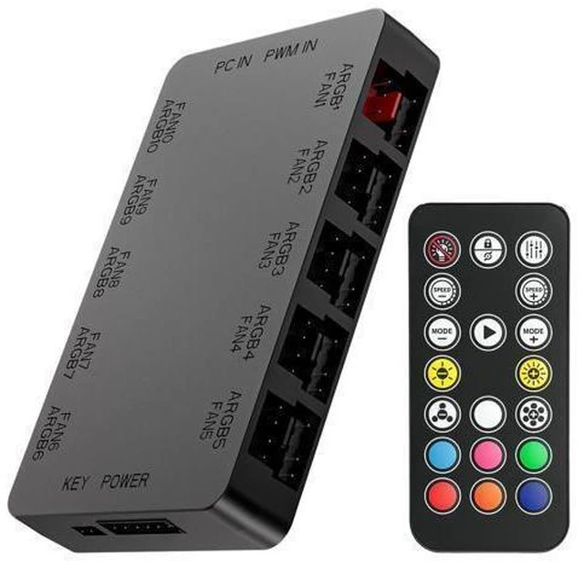 Alt view image 8 of 14 - 10-Port ARGB & PWM Fan Hub Controller - Magnetic Mount 5V/3PIN RGB PC Fan Hub with Remote Control, Chassis Key Control & SATA Power - Support 10 PWM Case Fans Splitter & ARGB Lighting Devices