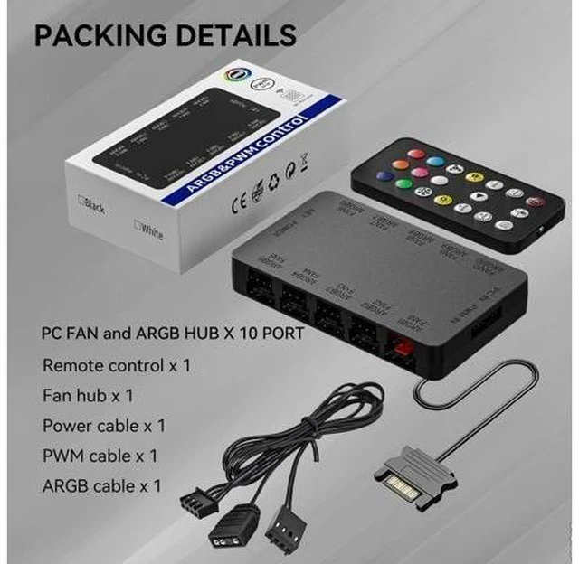 Alt view image 9 of 14 - 10-Port ARGB & PWM Fan Hub Controller - Magnetic Mount 5V/3PIN RGB PC Fan Hub with Remote Control, Chassis Key Control & SATA Power - Support 10 PWM Case Fans Splitter & ARGB Lighting Devices