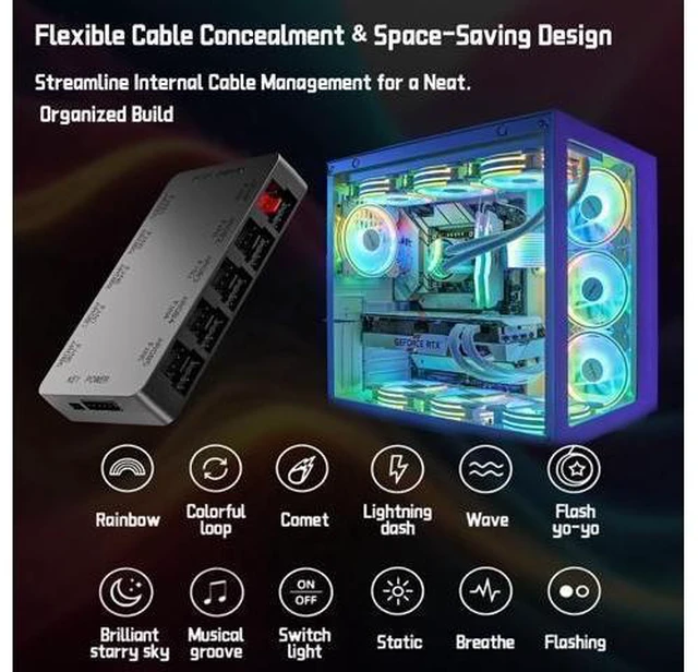 Alt view image 14 of 14 - 10-Port ARGB & PWM Fan Hub Controller - Magnetic Mount 5V/3PIN RGB PC Fan Hub with Remote Control, Chassis Key Control & SATA Power - Support 10 PWM Case Fans Splitter & ARGB Lighting Devices