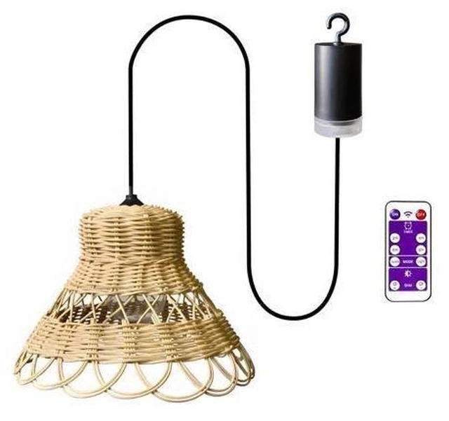 Alt view image 2 of 2 - Battery Operated Outdoor Chandelier, Bohemian Woven Outdoor Light with Remote, Rattan Lampshade, Cordless Hanging Light for Porch, Patio, Living Room