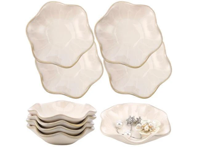 Alt view image 2 of 2 - 9 Pcs Jewelry Dishes, Lotus Leaf Ring Trays, White Ceramic Plates, Gold Trimmed, Perfect For Nightstand, Cute Key Bowls