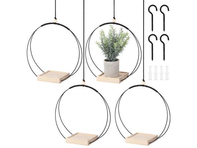 Alt view image 2 of 2 - 4-Pack Wooden Base Plant Hangers, Metal Circle Indoor for Small Pots, Versatile Macrame Holders for Home and Garden