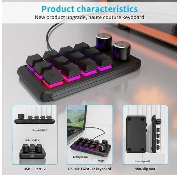 Alt view image 7 of 8 - DIY RGB Macro Custom Gaming Keyboard 12 Keys 2 Knobs Programming Mechanical Keyboard Dual Type-C Interface Support for Windows