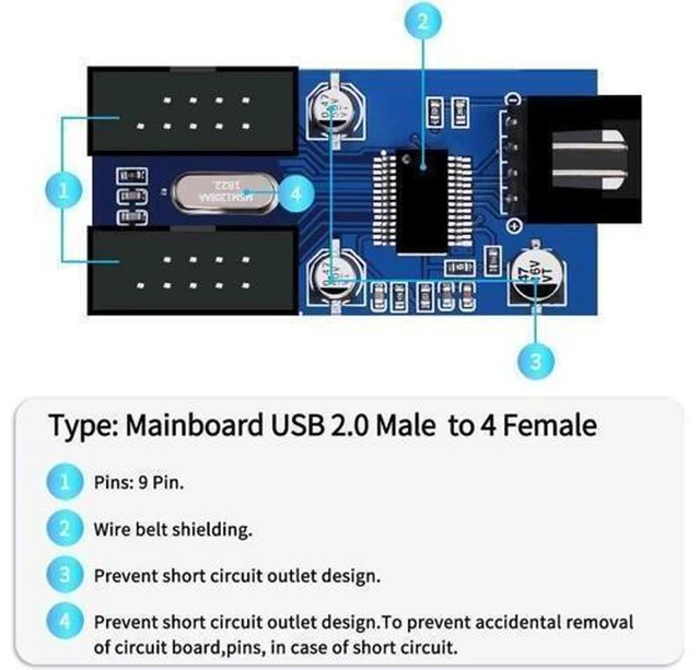 Alt view image 10 of 14 - 4 in 1 Internal USB Splitter Cable, 9 pin USB Header Male 1 to 4 Female Exteon Connector Adapter, USB 2.0 HUB Connector Port Multiplier PWM Fan Splitter Cable (30cm/0.98ft)