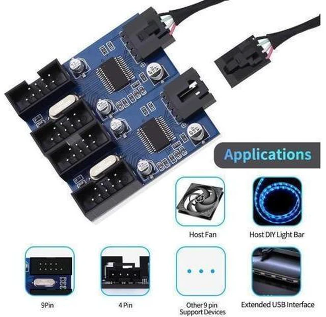 Alt view image 11 of 14 - 4 in 1 Internal USB Splitter Cable, 9 pin USB Header Male 1 to 4 Female Exteon Connector Adapter, USB 2.0 HUB Connector Port Multiplier PWM Fan Splitter Cable (30cm/0.98ft)