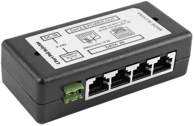 Alt view image 10 of 10 - 4 Port Poe Injector Poe Power Adapter Ethernet Power Supply Pin 4,5(+)/7,8(-)Input Dc12v-Dc48v For Ip Camera