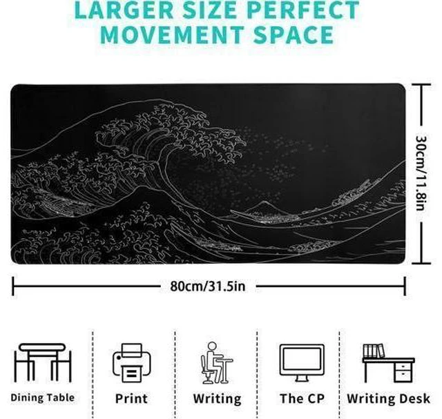 Alt view image 8 of 12 - Japanese Sea Wave Large Mouse Pad Anime Black Gaming Extended Kanagawa Mat Desk Pad 3mm Thick Long Non-Slip Rubber Base Mice Pad 31.5 X 11.8 Inch