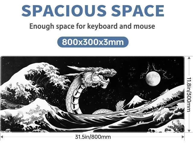 Alt view image 9 of 14 - Japanese Wave Dragon Gaming Mouse Pad Large Desk Mat Black Extended Keyboard Mouse Pad Gaming Mousepad with Non-Slip Base Stitched Edge Mouse Mat Desk Pad 31.5 X 11.8 Mouse Pads for Desk Home Office
