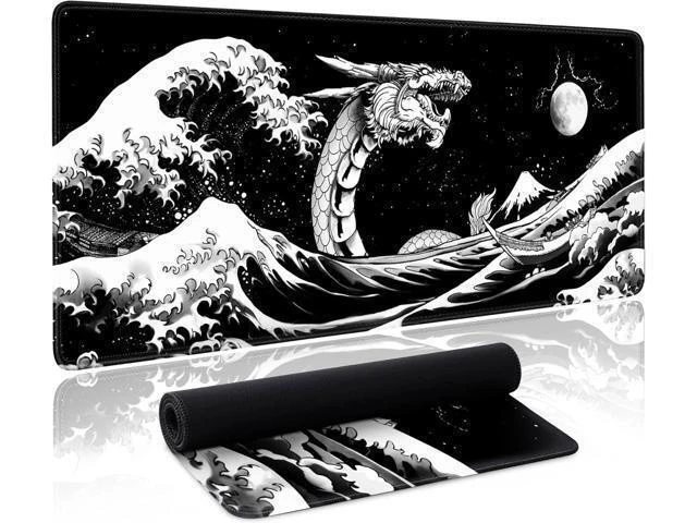 Alt view image 8 of 14 - Japanese Wave Dragon Gaming Mouse Pad Large Desk Mat Black Extended Keyboard Mouse Pad Gaming Mousepad with Non-Slip Base Stitched Edge Mouse Mat Desk Pad 31.5 X 11.8 Mouse Pads for Desk Home Office