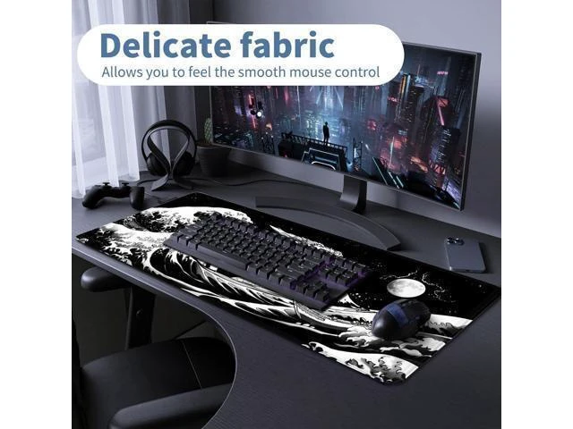 Alt view image 12 of 14 - Japanese Wave Dragon Gaming Mouse Pad Large Desk Mat Black Extended Keyboard Mouse Pad Gaming Mousepad with Non-Slip Base Stitched Edge Mouse Mat Desk Pad 31.5 X 11.8 Mouse Pads for Desk Home Office