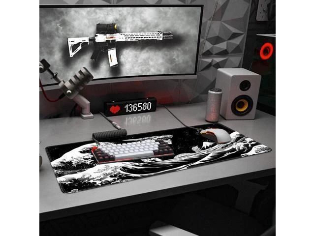 Alt view image 13 of 14 - Japanese Wave Dragon Gaming Mouse Pad Large Desk Mat Black Extended Keyboard Mouse Pad Gaming Mousepad with Non-Slip Base Stitched Edge Mouse Mat Desk Pad 31.5 X 11.8 Mouse Pads for Desk Home Office