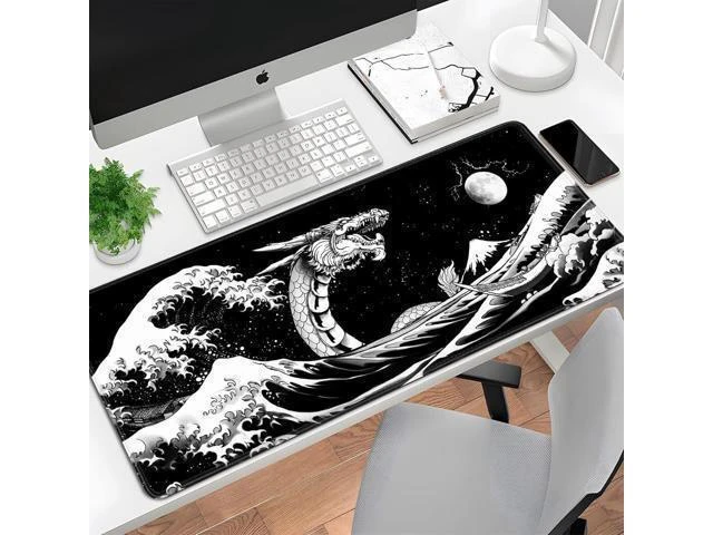 Alt view image 14 of 14 - Japanese Wave Dragon Gaming Mouse Pad Large Desk Mat Black Extended Keyboard Mouse Pad Gaming Mousepad with Non-Slip Base Stitched Edge Mouse Mat Desk Pad 31.5 X 11.8 Mouse Pads for Desk Home Office