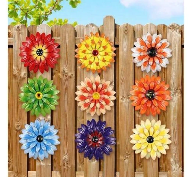 Alt view image 2 of 2 - 8" Metal Flower 3D Wall Decors, 9 Pcs Multicolored Sunflower Hanging Arts for Home, Garden, Office, Yard, Layered Daisy Indoor Outdoor Decorations