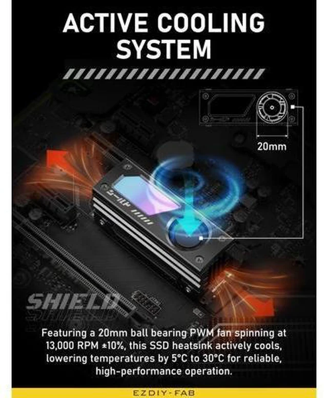 Alt view image 10 of 10 - EZDIY-FAB Shield ARGB M.2 SSD Heatsink with Build-in 20mm PWM Fan, Premium Aluminum Design,5V 3-Pin ARGB Sync, High-Performance SSD Cooler for M.2 2280-Black-1 Pack