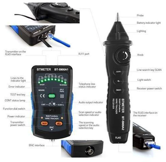 Alt view image 11 of 14 - 5900A1 Cable Finder Tone Generator Probe Kit Wire Tracker Toner Ethernet LAN Network Cable Tester Telephone Tester, Continuity Checker
