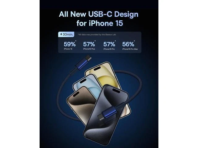 Alt view image 10 of 12 - Baseus USB C Cable, 100W PD 5A QC 4.0 Fast Charging USB C to USB C Cable, Zinc Alloy Nylon Braided USB Type C Charger Cable for iPhone 16 15 Pro/Plus/Pro Max, MacBook, iPad Pro/Mini BLUE 6.6FT