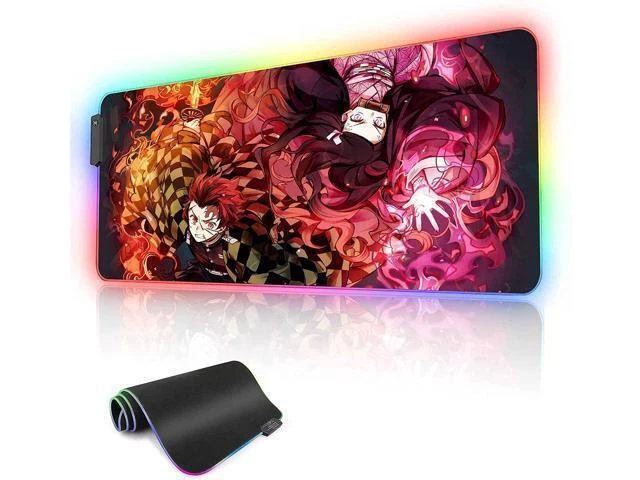 Alt view image 8 of 14 - RGB Large Anime Mouse Pad Tanjiro and Nezuko,Mousepad with Stitched Edge Frame & Non-Slip Rubber Base,Long Laptop Glowing Desk Pad,Computer Keyboard and Mice Pads Mouse Mat 31.5X11.8