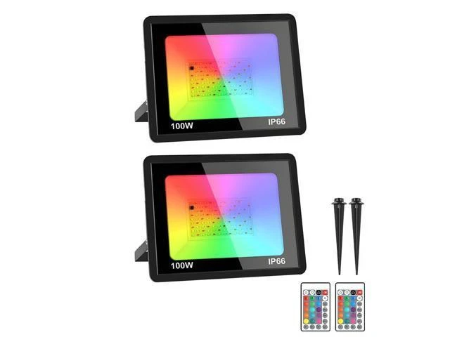 Alt view image 2 of 2 - RGB Led Flood Lights, 2 X 100W Outdoor Landscape Lights with Remote Control, Waterproof Ip66, Color Changing Stage Lights for Yard Garden Wall