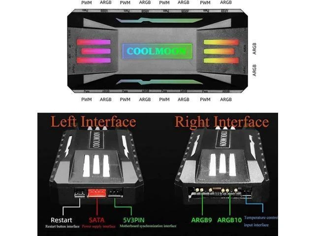 Alt view image 14 of 14 - Pwm Fan Temperature Controller Integrator, Remote Control PC RGB Light Adapter, 8*4pin Fan Speed Controller Port, 10*5v 3pin A-RGB Port with Magnet(Black)