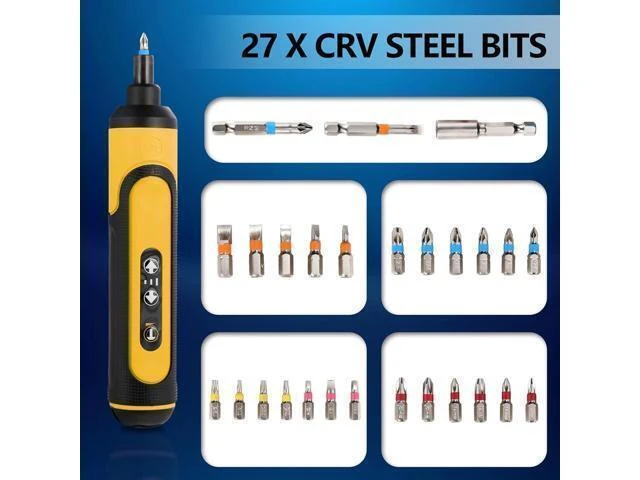 Alt view image 8 of 12 - Electric Screwdriver Rechargeable 4V Cordless Screwdriver With 3 Gear Torque Adjustment and 26 Bits Extension Rod USB Charging Cable in Carrying Case Suitable for Furniture or Appliance Repair