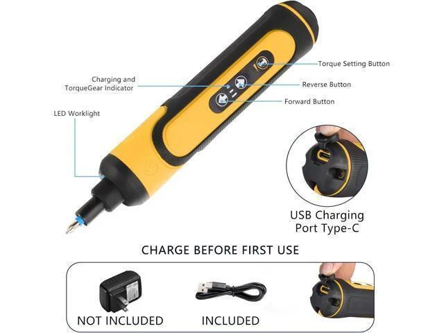 Alt view image 9 of 12 - Electric Screwdriver Rechargeable 4V Cordless Screwdriver With 3 Gear Torque Adjustment and 26 Bits Extension Rod USB Charging Cable in Carrying Case Suitable for Furniture or Appliance Repair