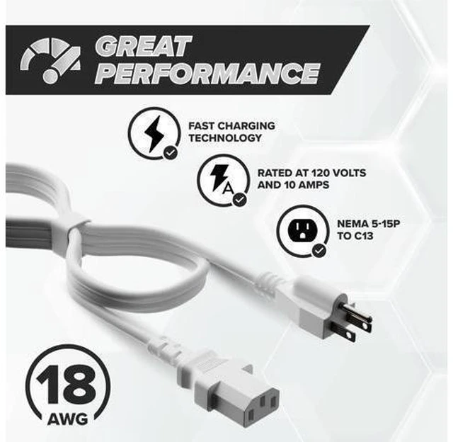 Alt view image 11 of 14 - 15 FT - 3 Prong AC Power Cable for Computer, Medical, Server, & Desktop - C13 Power Supply Cord - NEMA 5-15P to C13 / IEC 320-15 Feet (4 Meters), White