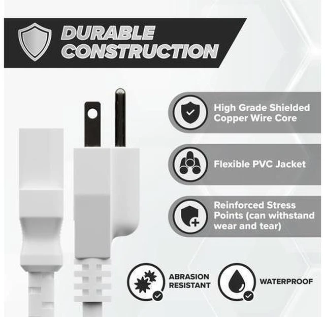 Alt view image 12 of 14 - 15 FT - 3 Prong AC Power Cable for Computer, Medical, Server, & Desktop - C13 Power Supply Cord - NEMA 5-15P to C13 / IEC 320-15 Feet (4 Meters), White
