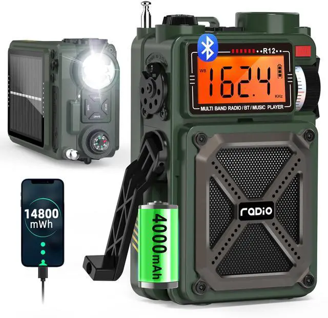 Main image of Portable Emergency Shortwave Radios, AM FM NOAA Weather Radio | 14800mWh Rechargeable with Bluetooth 5.4, Crank/Solar/USB Charging, USB/TF Playback, Charger Pack/SOS/Flashlight for Outdoor