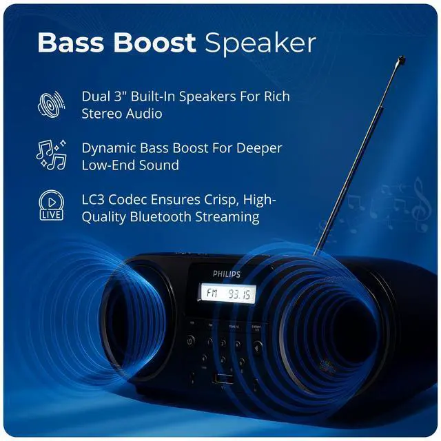 Alt view image 3 of 7 - Portable CD Player Boombox with Bluetooth, FM Radio, Dynamic Bass Boost Speakers, USB/Headphone Jack/Aux Input, All-in-One Compact Stereo Sound CD Player for Home, CD-RW/MP3 Playback