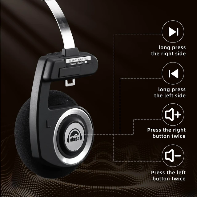 Alt view image 6 of 7 - Classic On-Ear Headphones, Retro Style, BT Wireless Retro Headphones, Ultra Lightweight Retro Headsts/Bullt-in Mic/40mm Class Composite Film/BT 5.3 & Wired Two Connection Modes, BT/Black