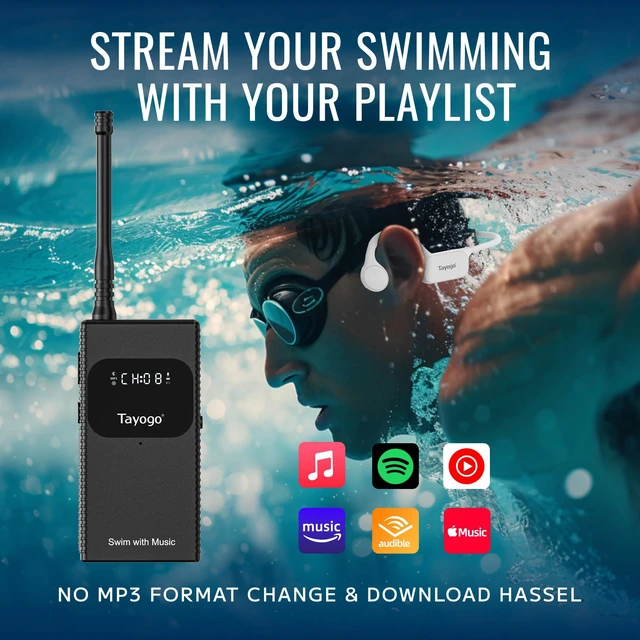 Alt view image 4 of 6 - IPX8 Waterproof Bone Conduction Bluetooth Headphones Open-Ear 3-in-1 Bluetooth + FM + Receiver, 15H Playtime, Swim/Running/Cycling Wireless Headset,Compatible T6 Transmitter