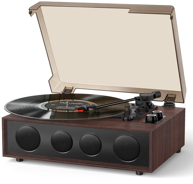 Main image of Vinyl Record Player with 4 Speakers, Adjustable Counterweight, Brown Enhanced Sound, Adjustable Tracking Force, 3-Speed Belt Drive Turntable for Vinyl Records, Auto-Stop, RCA Line-out, AUX Input