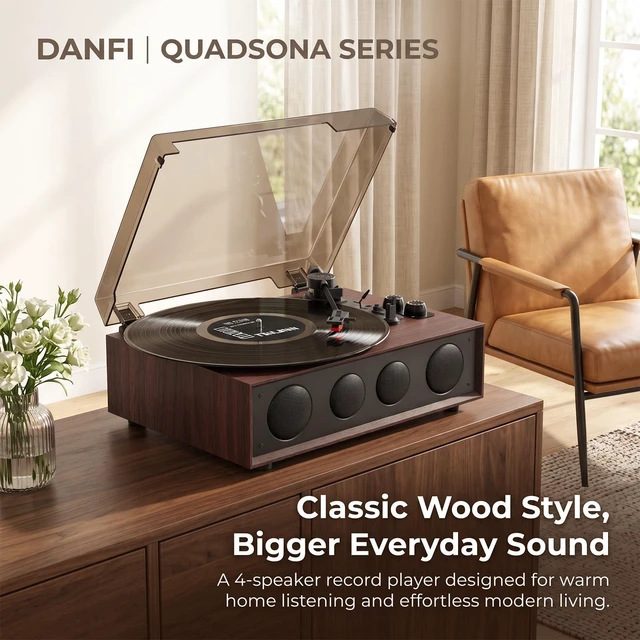 Alt view image 2 of 7 - Vinyl Record Player with 4 Speakers, Adjustable Counterweight, Brown Enhanced Sound, Adjustable Tracking Force, 3-Speed Belt Drive Turntable for Vinyl Records, Auto-Stop, RCA Line-out, AUX Input