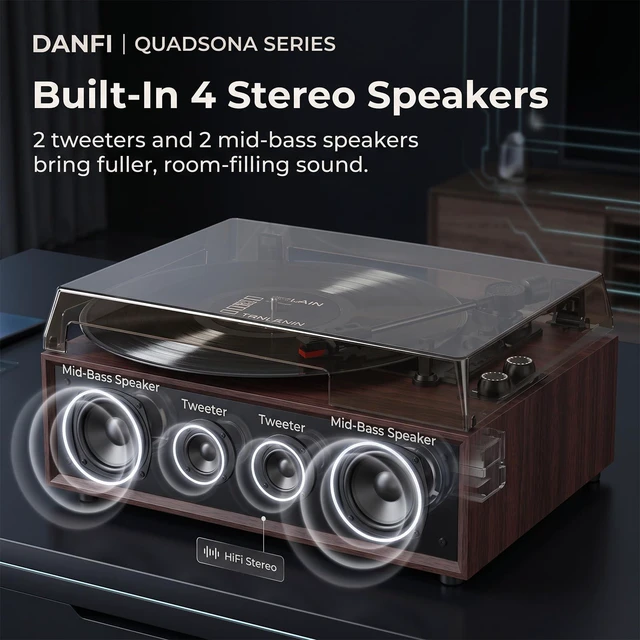 Alt view image 3 of 7 - Vinyl Record Player with 4 Speakers, Adjustable Counterweight, Brown Enhanced Sound, Adjustable Tracking Force, 3-Speed Belt Drive Turntable for Vinyl Records, Auto-Stop, RCA Line-out, AUX Input
