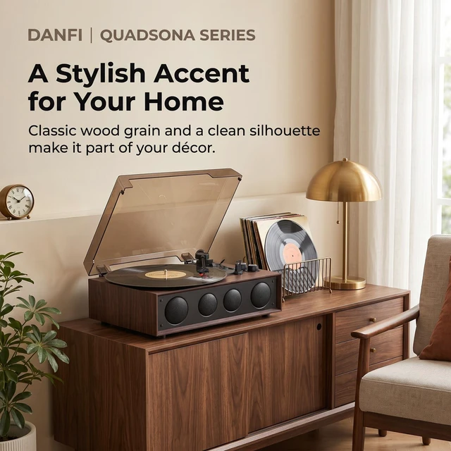 Alt view image 5 of 7 - Vinyl Record Player with 4 Speakers, Adjustable Counterweight, Brown Enhanced Sound, Adjustable Tracking Force, 3-Speed Belt Drive Turntable for Vinyl Records, Auto-Stop, RCA Line-out, AUX Input