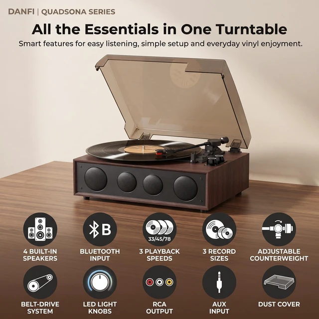 Alt view image 4 of 7 - Vinyl Record Player with 4 Speakers, Adjustable Counterweight, Brown Enhanced Sound, Adjustable Tracking Force, 3-Speed Belt Drive Turntable for Vinyl Records, Auto-Stop, RCA Line-out, AUX Input