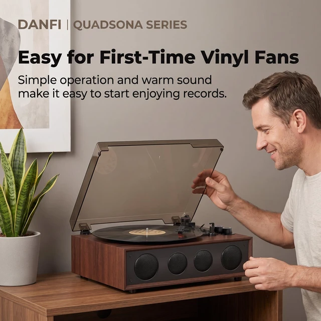 Alt view image 6 of 7 - Vinyl Record Player with 4 Speakers, Adjustable Counterweight, Brown Enhanced Sound, Adjustable Tracking Force, 3-Speed Belt Drive Turntable for Vinyl Records, Auto-Stop, RCA Line-out, AUX Input