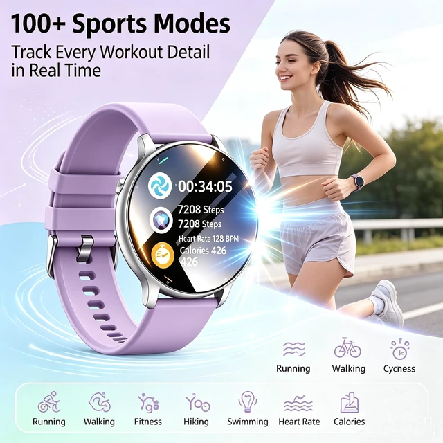 Alt view image 4 of 7 - Smart Watch Men Women (Answer/Make Calls), Fitness Watch with 100+ Sport Modes, IP67 Waterproof/Heart Rate/Sleep Monitor, Smart Watches for iOS/Android with 2 Bands (Purple)