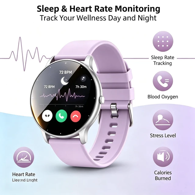 Alt view image 5 of 7 - Smart Watch Men Women (Answer/Make Calls), Fitness Watch with 100+ Sport Modes, IP67 Waterproof/Heart Rate/Sleep Monitor, Smart Watches for iOS/Android with 2 Bands (Purple)