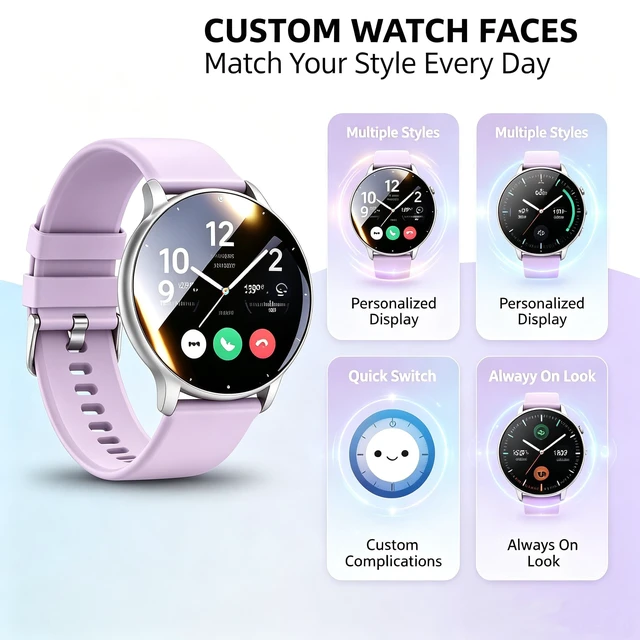 Alt view image 7 of 7 - Smart Watch Men Women (Answer/Make Calls), Fitness Watch with 100+ Sport Modes, IP67 Waterproof/Heart Rate/Sleep Monitor, Smart Watches for iOS/Android with 2 Bands (Purple)